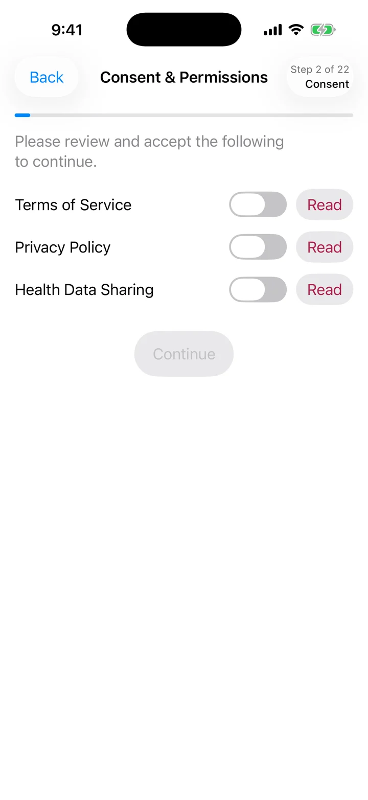 The Consent and Permissions step, with separate switches and Read buttons for the terms of service, privacy policy and health data sharing