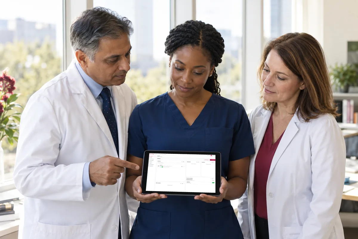Three members of an oncology care team, a physician, a nurse and a pharmacist, look together at a tablet showing the MyBC clinician portal's patient overview.