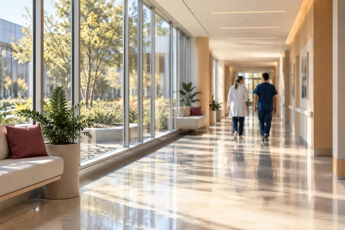 A sunlit cancer-center corridor with floor-to-ceiling windows; two clinicians walk away in the distance.