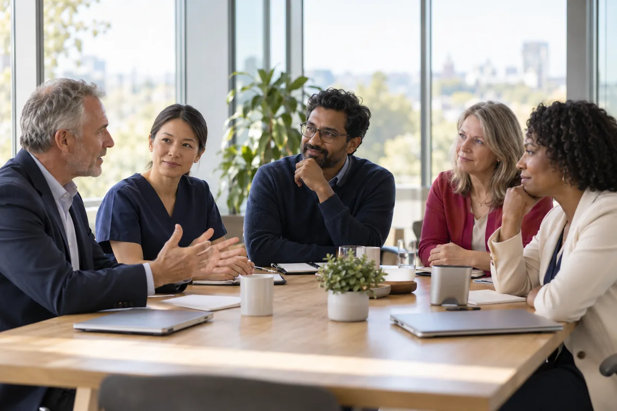 Five professionals of different ages and backgrounds talk around a meeting table in a bright room.