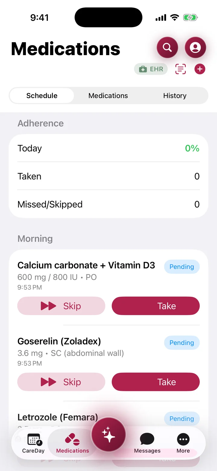 The Medications schedule, with today’s adherence, the morning doses pending with Skip and Take buttons, and the tab bar