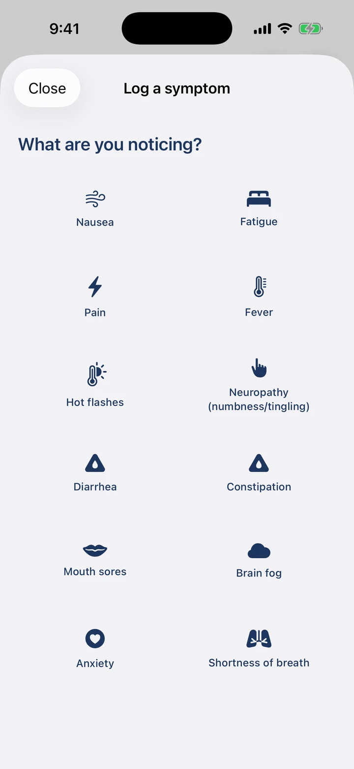 The Log a symptom screen, asking what the patient is noticing, with twelve symptoms to choose from